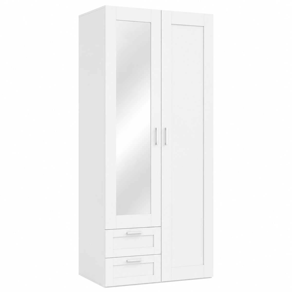 White Lornica armoire with drawers, shelves, and doors, ideal for bedroom storage and home organization