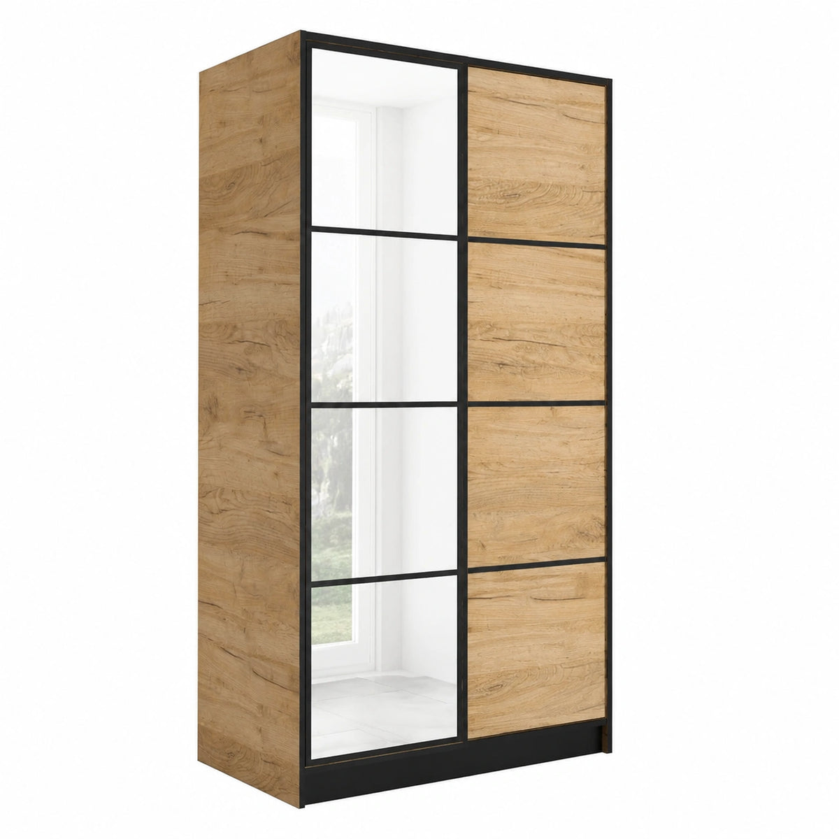 Lornica oak armoire with storage in a bedroom, measuring 104.8 x 205 x 39 cm, stylish wooden furniture for home decor.
