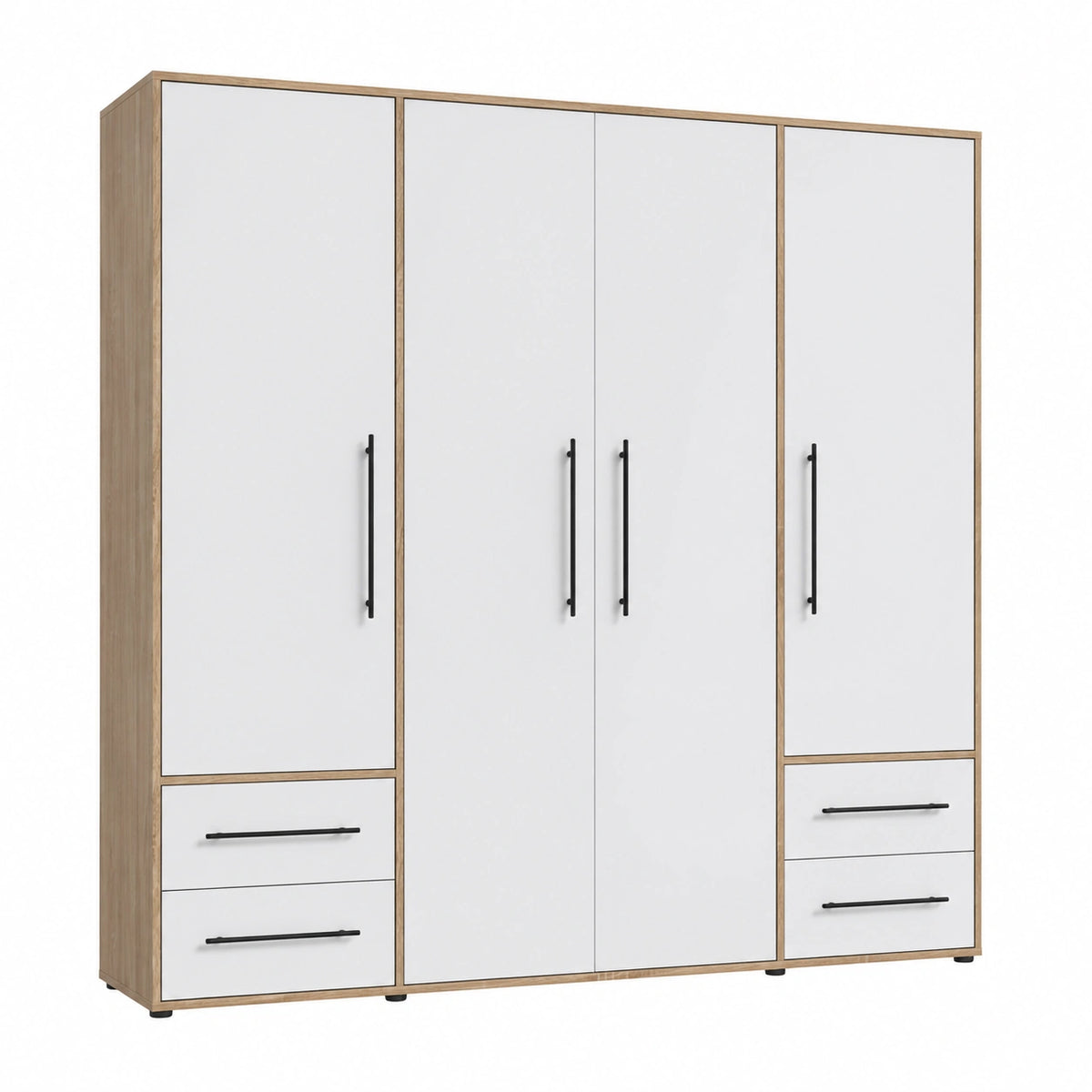 Lornica oak armoire with drawers, shelves, and white doors for bedroom storage, measuring 206x59x200 cm, in a modern design.