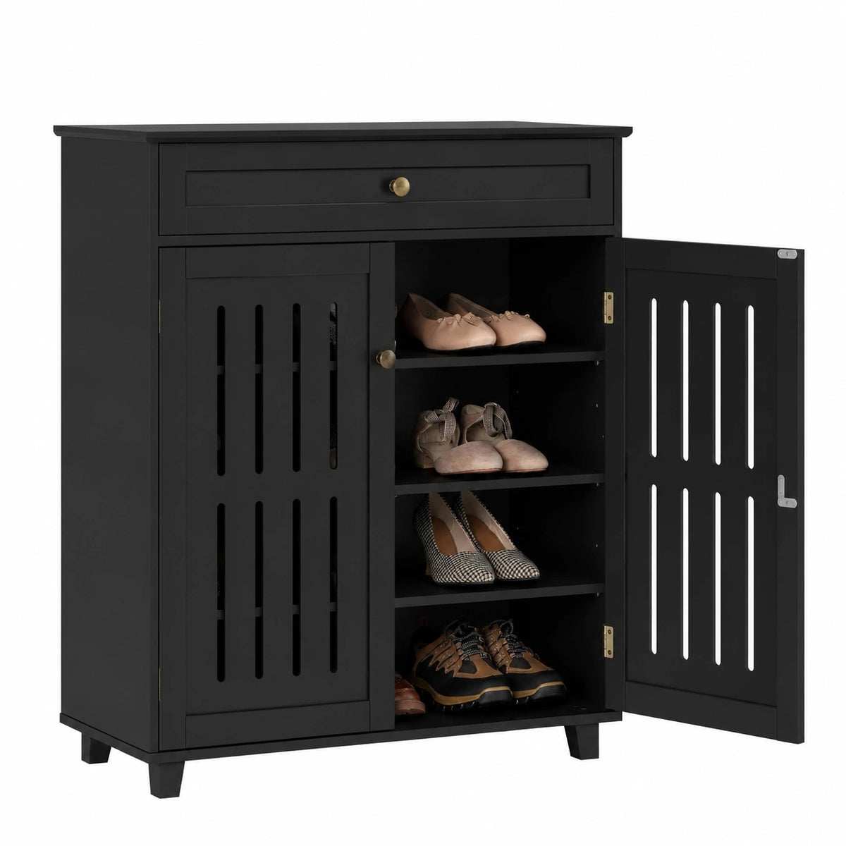 Lornica shoe storage cabinet with adjustable wood and metal panels, black finish, featuring drawers for entryway organization.