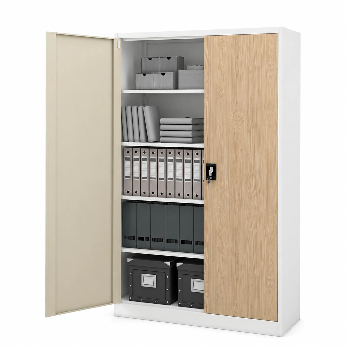 Lornica white oak and steel adjustable wardrobe with shelves, ideal for bedroom storage, measuring 115x185x40 cm