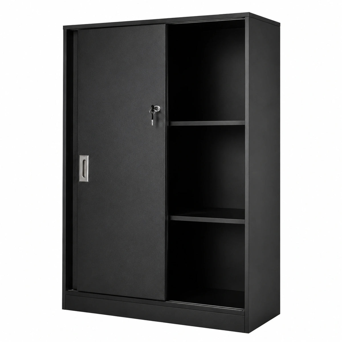 Lornica black armoire with sliding doors and shelves for bedroom storage, featuring a modern design and ample space.