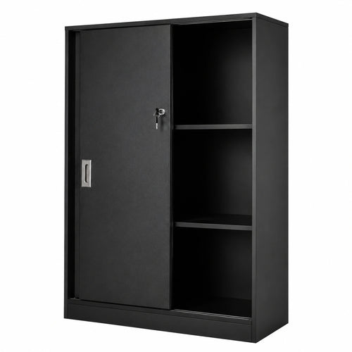 Lornica black armoire with sliding doors and shelves for bedroom storage, featuring a modern design and ample space.
