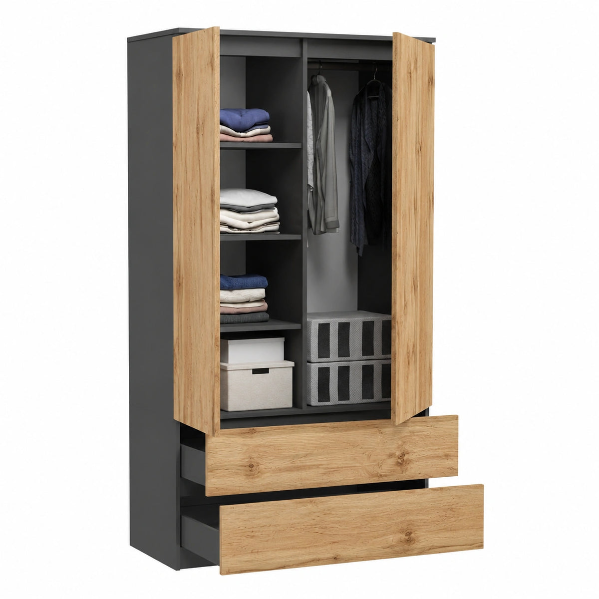 Lornica chêne porte-manteau with drawers, shelves, and doors in graphite color, ideal for entryway or hallway, 180x90x50.5 cm