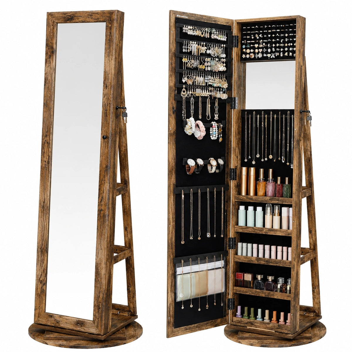 Lornica pivoting wardrobe with shelves and storage in brown, ideal for shoes, jewelry, and watch accessories in the bedroom
