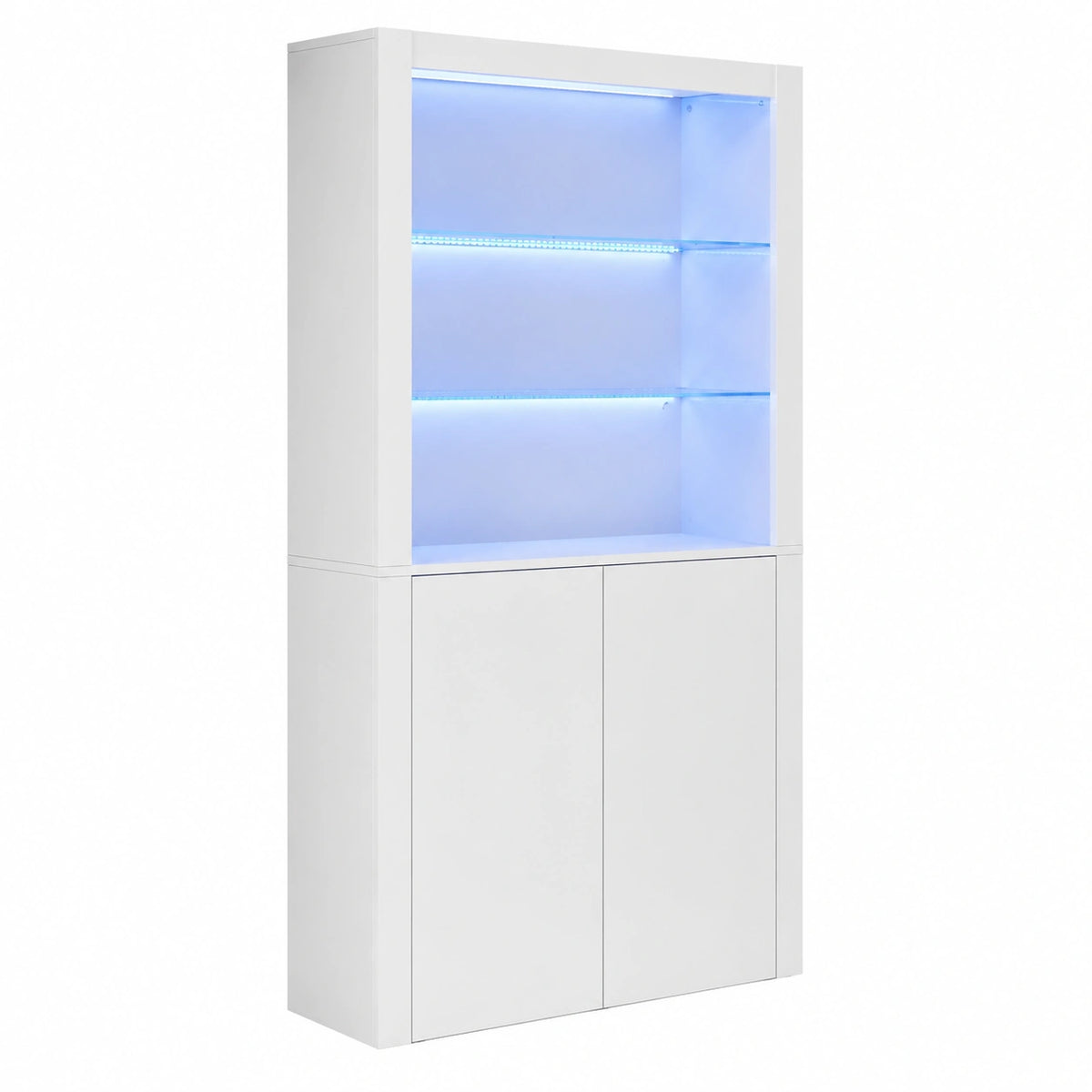 White glass bookshelf with LED lighting, storage cabinets, and shelves, ideal for living room or office decor by Lornica